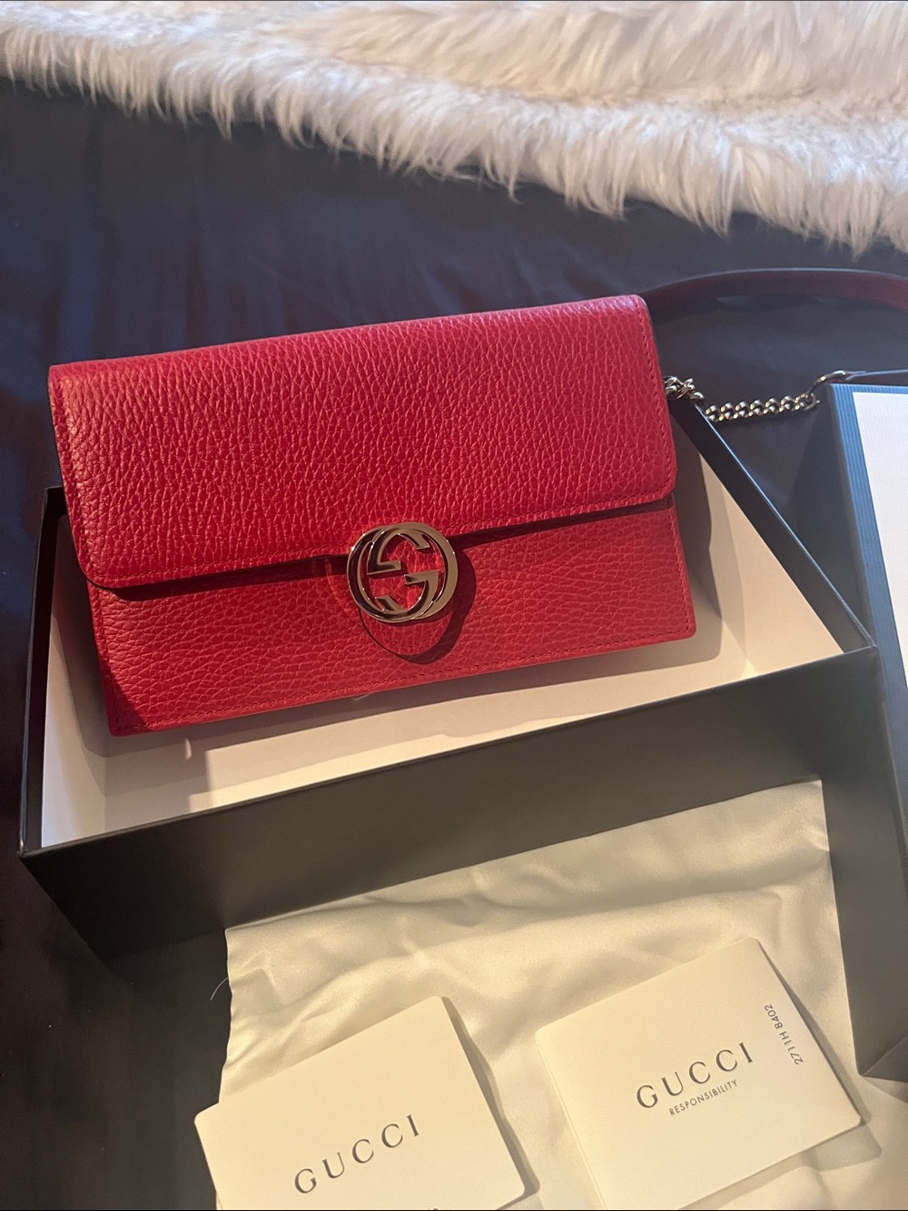 Gucci Red Pebbled Leather Chain Crossbody Wallet